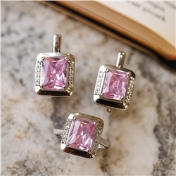 Комплект ювелирной бижутерии коллекция "Дубай" серьги и кольцо 17 р, покрытие посеребрение, вставка: фианиты и цирконы, цвет: розовый и прозрачный, арт.007.145-17