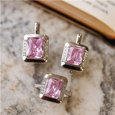 Комплект ювелирной бижутерии коллекция "Дубай" серьги и кольцо 18 р, покрытие посеребрение, вставка: фианиты и цирконы, цвет: розовый и прозрачный, арт.007.145-18