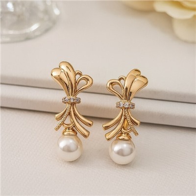 Серьги ювелирная бижутерия коллекция "Xuping" покрытие позолота, вставка: фианиты и искусственный жемчуг, цвет: прозрачный, арт.101.310