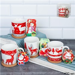 Подарочный набор Кружка новогодняя 400 мл с подставкой под горячее / H012/ в подарочной коробке PVS/АКЦИЯ