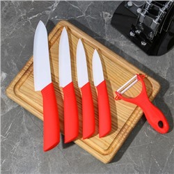 Набор кухонный на подставке Доляна «Симпл», 5 предметов: ножи 7.5 см, 10.5 см, 13 см, 15 см, овощечистка, цвет красный