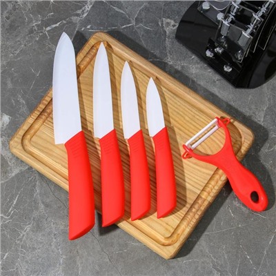 Набор кухонный на подставке Доляна «Симпл», 5 предметов: ножи 7.5 см, 10.5 см, 13 см, 15 см, овощечистка, цвет красный
