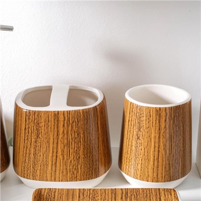 УЦЕНКА Набор для ванной «Вуд», 4 предмета (мыльница. дозатор для мыла, 2 стакана), цвет коричневый