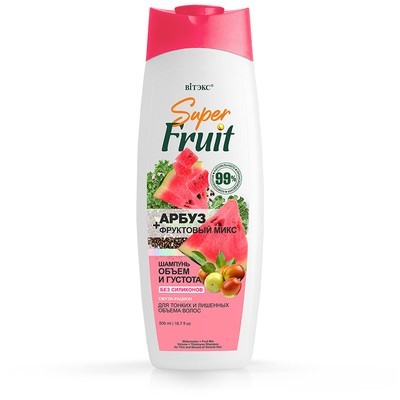 Super FRUIT Шампунь Объём и Густота без силиканов Арбуз+Фрукт.микс 500мл