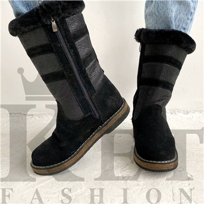 Женские дутики, черные, замша, войлочная подошва