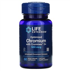 Life Extension, оптимизированный хром с Crominex 3+, 500 мкг, 60 вегетарианских капсул