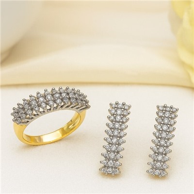 Комплект ювелирной бижутерии Итальянское золото (покрытие желтое 14к), серьги и кольцо 19 р, вставка: фианиты, цвет: прозрачный, арт.216.398-19