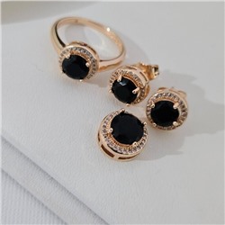 Комплект ювелирной бижутерии коллекция "Дубай"серьги, кулон и кольцо 18 р, покрытие позолота, вставка: фианиты, цвет: черный и прозрачный, арт.313.259-18