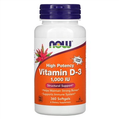 Now Foods, высокоактивный витамин D3, 25 мкг (1000 МЕ), 360 мягких таблеток