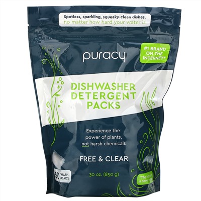Puracy, Dishwasher Detergent Packs, Free & Clear, 50 Wash Loads, 30 oz (850 g)