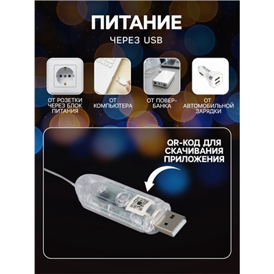 Умная гирлянда «Нить» 5 м роса с насадками «Цветочки», IP20, тёмная нить, 100 LED, пульт ДУ, приложение, свечение RGB, USB