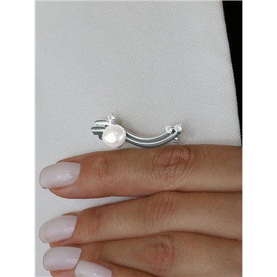 Брошь из серебра с культивированным жемчугом и фианитами родированная Бр-17р1005