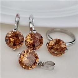 Комплект ювелирной бижутерии серьги, кулон и кольцо 18 р, покрытие посеребрение, вставка: фианит, цвет: песочный, арт.313.197-18