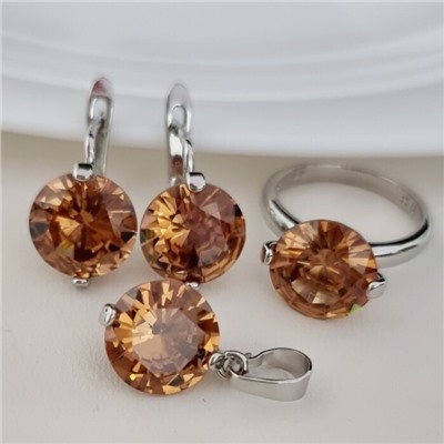 Комплект ювелирной бижутерии серьги, кулон и кольцо 20 р, покрытие посеребрение, вставка: фианит, цвет: песочный, арт.313.197-20