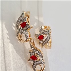 Комплект ювелирная бижутерия коллекция  "Дубай" серьги и кольцо 19 р, покрытие: позолота, вставка: фианиты, цвет: красный и прозрачный, арт.217.291-19