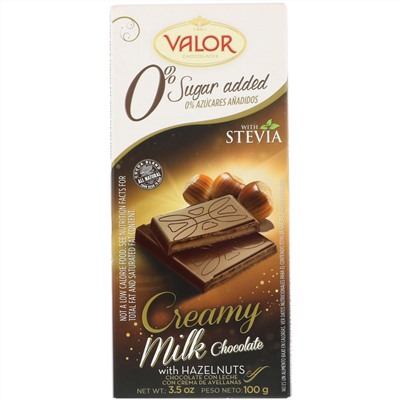 Valor, 0% добавленного сахара, сливочный молочный шоколад с лесным орехом, 3,5 унции (100 г)