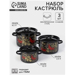 Набор кастрюль эмалированных «Рябина», 3 предмета: 1.5 л, 2.9 л, 4.5 л, цвет чёрный