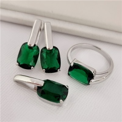 Комплект ювелирной бижутерии коллекция "Дубай" серьги, кулон и кольцо 18 р покрытие посеребрение, вставка: стекло, цвет: зеленый, арт.215.530-18