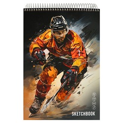 Скетчбук А4, 64л, "Хоккеист" на спирали, 7БЦ, сверху, матовая ламинация 100гм2