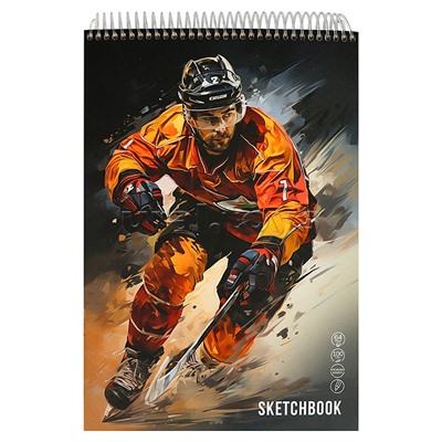 Скетчбук А4, 64л, "Хоккеист" на спирали, 7БЦ, сверху, матовая ламинация 100гм2