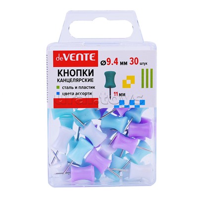 Кнопки канцелярские силовые "Pastel" диаметр 9,4 мм, цветные в форме гвоздика, 30 шт в пластиковой коробке