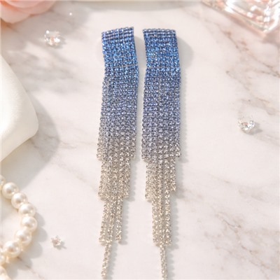 Серьги длинные висячие со стразами "Вечерние", цвет: серебристый и голубой, арт.012.034