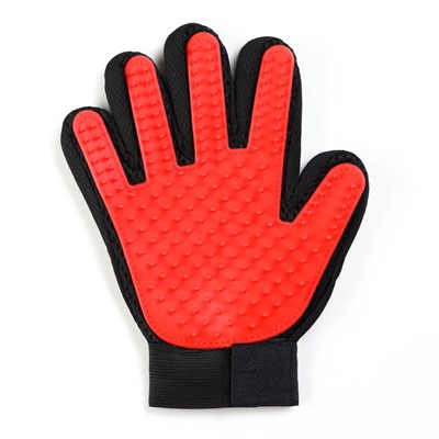 Перчатка-щётка для шерсти, на правую руку, с удлинёнными зубчиками, красная