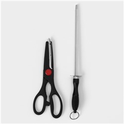 Набор ножей кухонных на подставке Доляна «Кронос», 7 предметов: 5 ножей, мусат и ножницы, чёрный