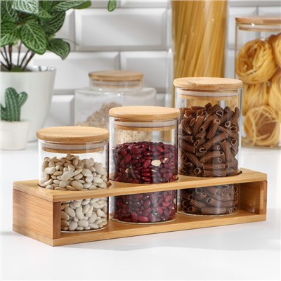 Банки стеклянные для хранения сыпучих продуктов «Эко», 3 предмета: 300/360/450 мл, 7×10/12,5/15.5 см, с бамбуковой крышкой