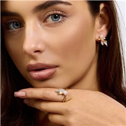 Комплект ювелирной бижутерии коллекция "Дубай" серьги и кольцо 18 р, покрытие позолота,  вставка: фианиты и искусственный жемчуг, цвет: прозрачный и жемчужный, арт.217.370-18