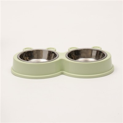 Миска металлическая двойная на пластиковой основе 2×160 мл, 28×15.5×4 см, зелёная