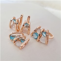 Комплект ювелирная бижутерия коллекция  "Дубай" серьги, кулон и кольцо 17 р, покрытие: позолота, вставка: фианиты, цвет: морская волна и молочный, арт.313.054-17