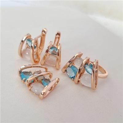 Комплект ювелирная бижутерия коллекция  "Дубай" серьги, кулон и кольцо 18 р, покрытие: позолота, вставка: фианиты, цвет: морская волна и молочный, арт.313.054-18