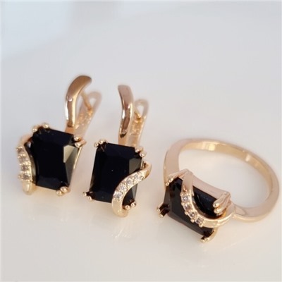 Комплект ювелирная бижутерия коллекция  "Дубай" серьги и кольцо 19 р, покрытие: позолота, вставка: фианиты, цвет: черный и прозрачный, Уценка, арт.08.3327 (217.321-19)