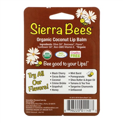Sierra Bees, Органические бальзамы для губ, кокос, 4 шт. в упаковке, 4,25 г (0,15 унции) каждый