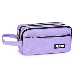 Пенал "Private" 22,5x11x9 см, прямоугольный для 80 предметов, плотный износостойкий полиэстер с водоотталкивающей пропиткой, с 2-мя отделениями на молнии, наружный объемный карман на молнии, с аппликацией из каучука, с ручкой-петлей, сиреневый