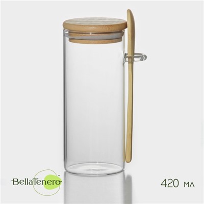 Банка для сыпучих BellaTenero «Эко», 420 мл, 6.7×15.5 см, с бамбуковой крышкой, с ложкой, стекло, прозрачная