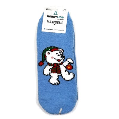 2258-03-09 Носки женские "Медведь в шапке" махра-пенка новогодние