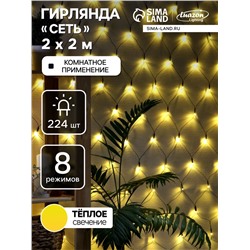 Гирлянда «Сеть» 2×2 м, IP20, тёмная нить, 224 LED, свечение тёплое белое, 8 режимов, 220 В