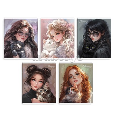 Тетрадь 48 л, клетка "Красотка с котиком" А5+, мягкий переплёт