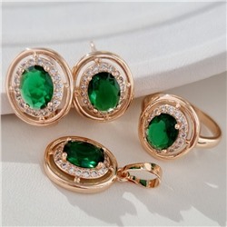 Комплект ювелирная бижутерия коллекция  "Дубай" серьги, кулон и кольцо 19 р, покрытие: позолота, вставка: фианиты, цвет: прозрачный и зеленый, арт.213.776-19