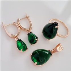 Комплект ювелирная бижутерия коллекция  "Дубай" серьги, кулон и кольцо 21 р, покрытие: позолота, вставка: пластик, цвет: зеленый, арт.215.418-21