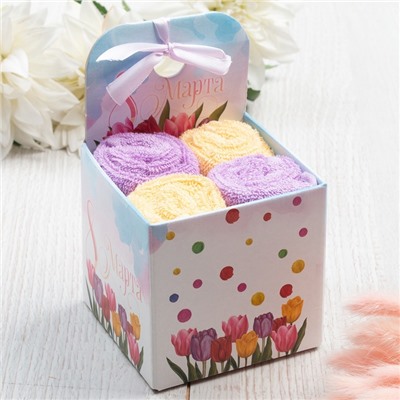 Салфетки махровые «Этель. С 8 Марта», 4 шт., 30×30 см, 100% хлопок, фиолетовые/жёлтые