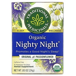 Traditional Medicinals, Nighty Night, органический, фирменный чай с пассифлорой, без кофеина, 16 чайных пакетиков, 24 г (0,85 унции)