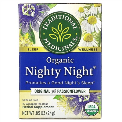 Traditional Medicinals, Nighty Night, органический, фирменный чай с пассифлорой, без кофеина, 16 чайных пакетиков, 24 г (0,85 унции)
