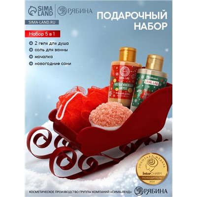 Подарочный набор новогодний в санях: гель для душа 2 шт., соль для ванны и мочалка, URAL LAB