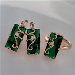 Комплект ювелирной бижутерии коллекция "Дубай" серьги и кольцо 20 р, покрытие позолота, вставка: фианиты, цвет: изумрудный, арт.414.021-20