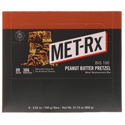 MET-Rx, Big 100, Батончик Вместо Еды, Крендель с Арахисовым Маслом , 9 батончиков, по 3,52 унции (100 г) каждый
