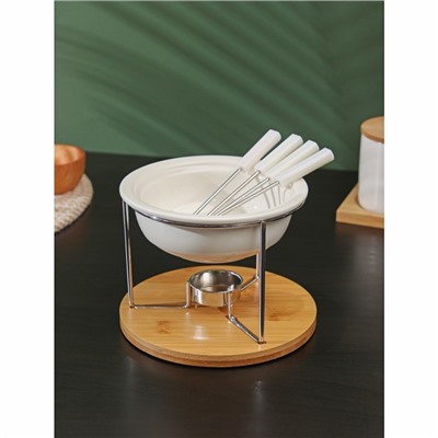 УЦЕНКА Набор для фондю керамический BellaTenero, 5 предметов: чаша 350 мл, 4 шпажки, цвет белый