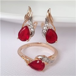 Комплект ювелирной бижутерии коллекция "Дубай" серьги и кольцо 17 р, покрытие позолота, вставка: фианиты, цвет: красный и прозрачный, арт.215.368-17